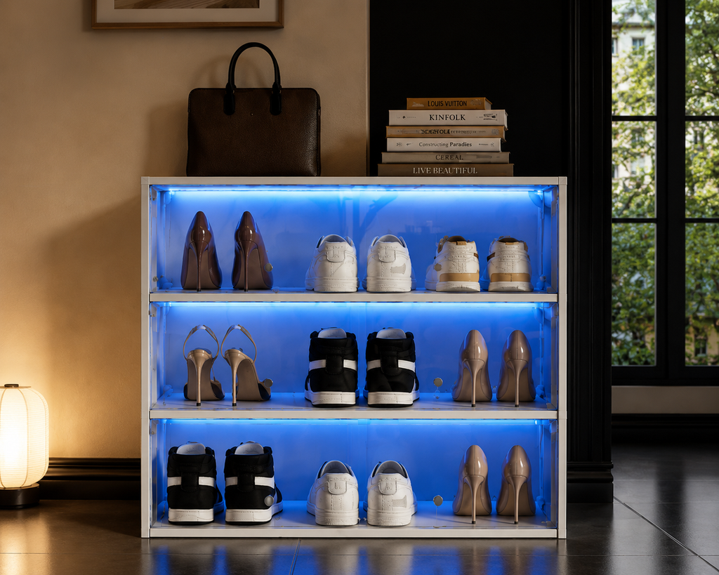 Luxury LED Shoe Storage Cabinet – Glass Door Sneaker Display Organizer | SAMBOVA