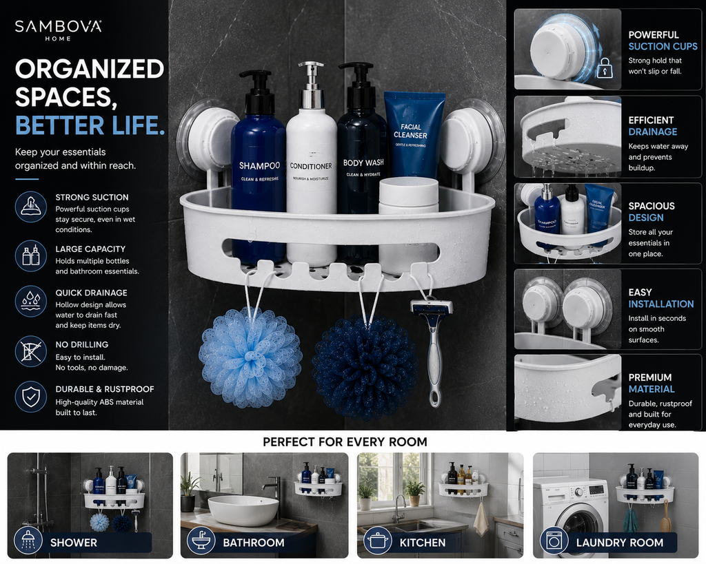 Corner Shower Caddy with Strong Suction Cups – No-Drill Bathroom Organizer | SAMBOVA