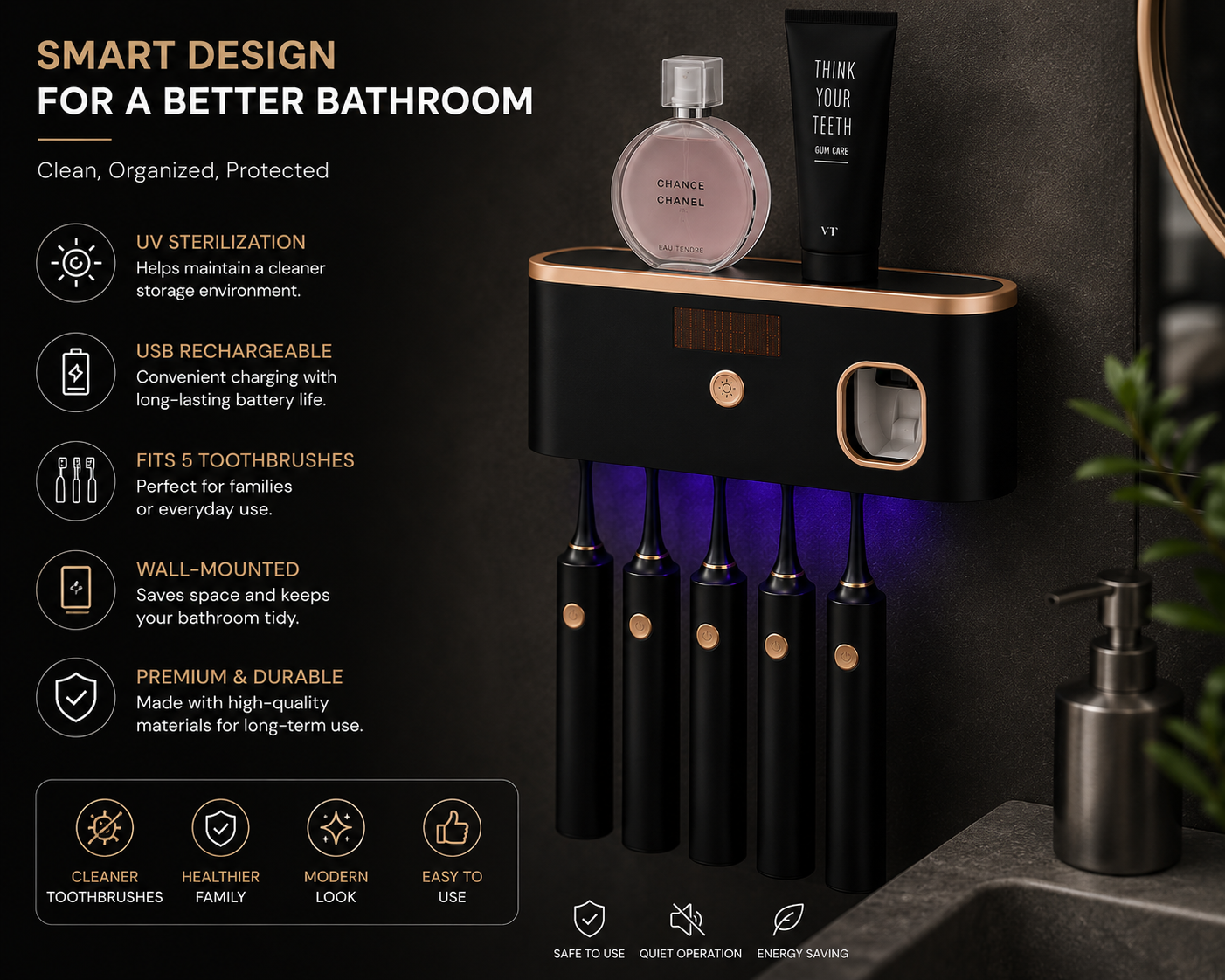 Wall-Mounted UV Toothbrush Sterilizer & Holder – USB Rechargeable  | SAMBOVA