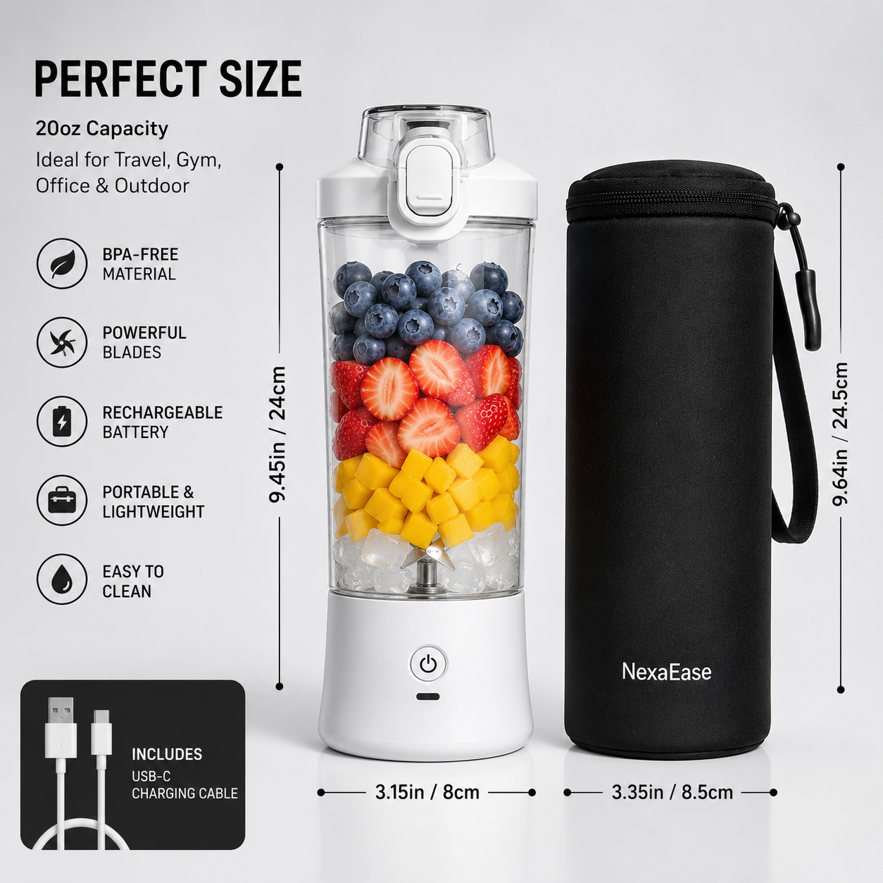 Portable Blender with Insulated Sleeve – 20oz Personal Smoothie Maker
