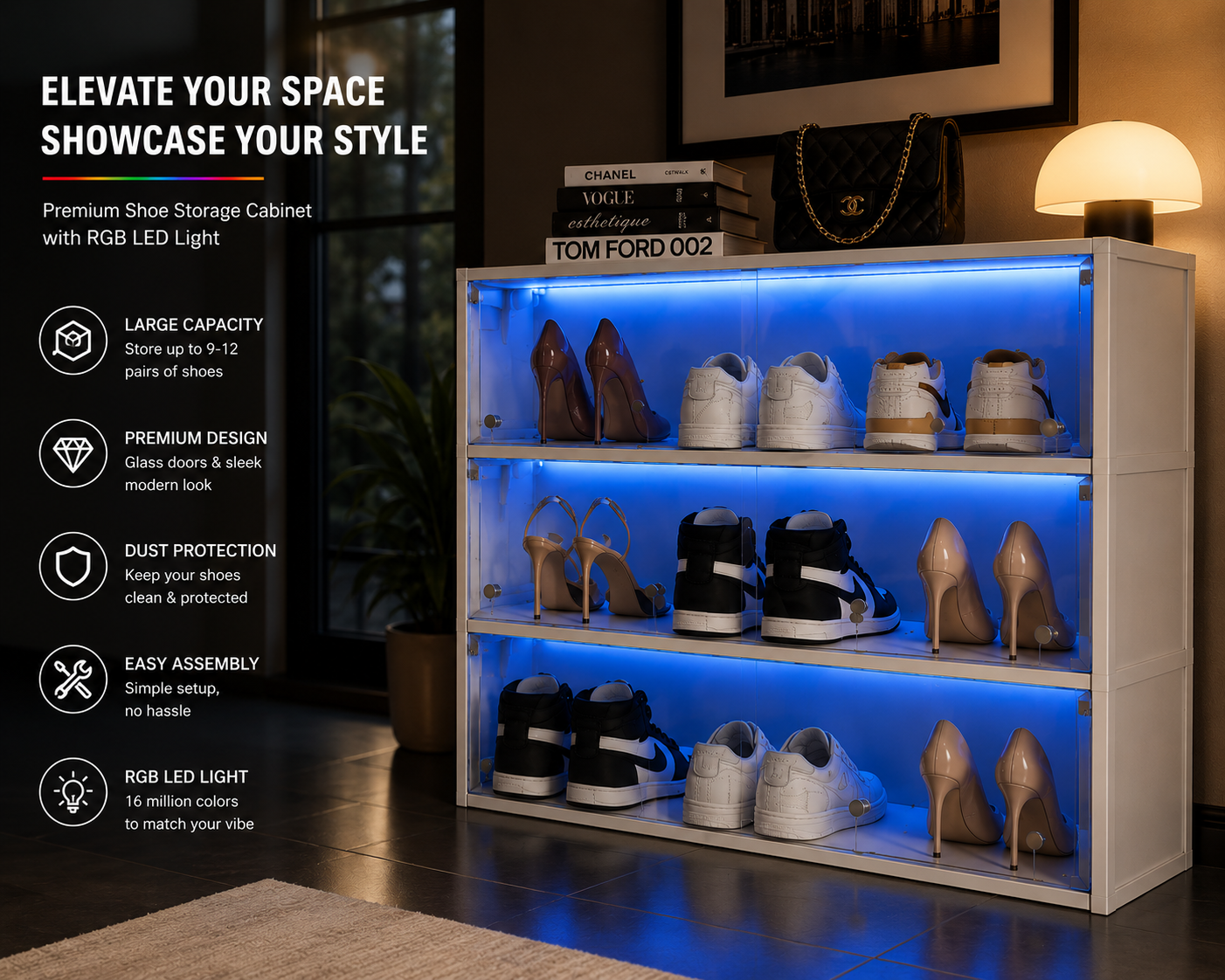 Luxury LED Shoe Storage Cabinet – Glass Door Sneaker Display Organizer | SAMBOVA