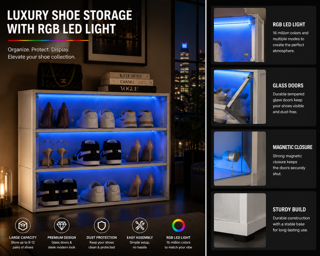 Luxury LED Shoe Storage Cabinet – Glass Door Sneaker Display Organizer | SAMBOVA