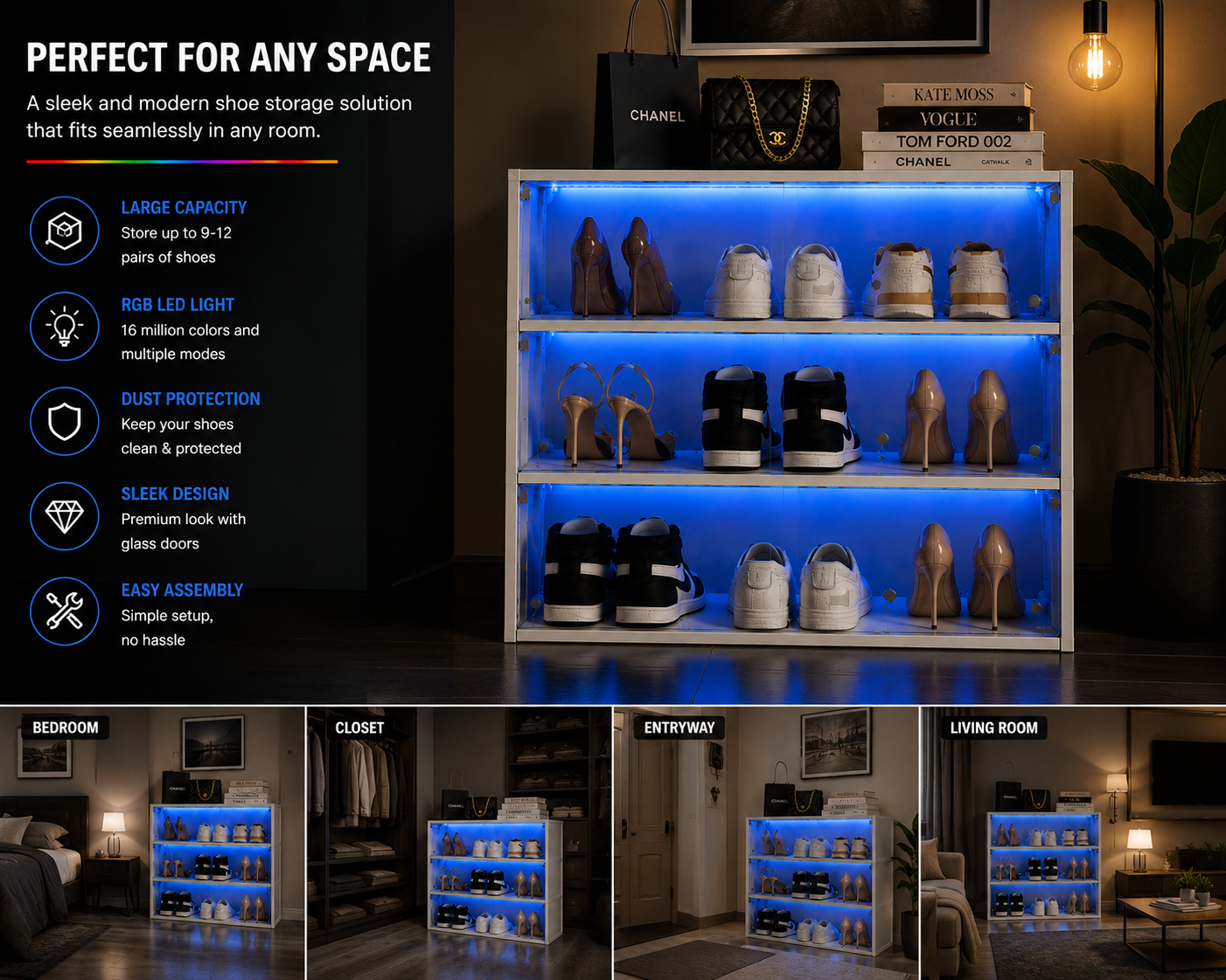 Luxury LED Shoe Storage Cabinet – Glass Door Sneaker Display Organizer | SAMBOVA