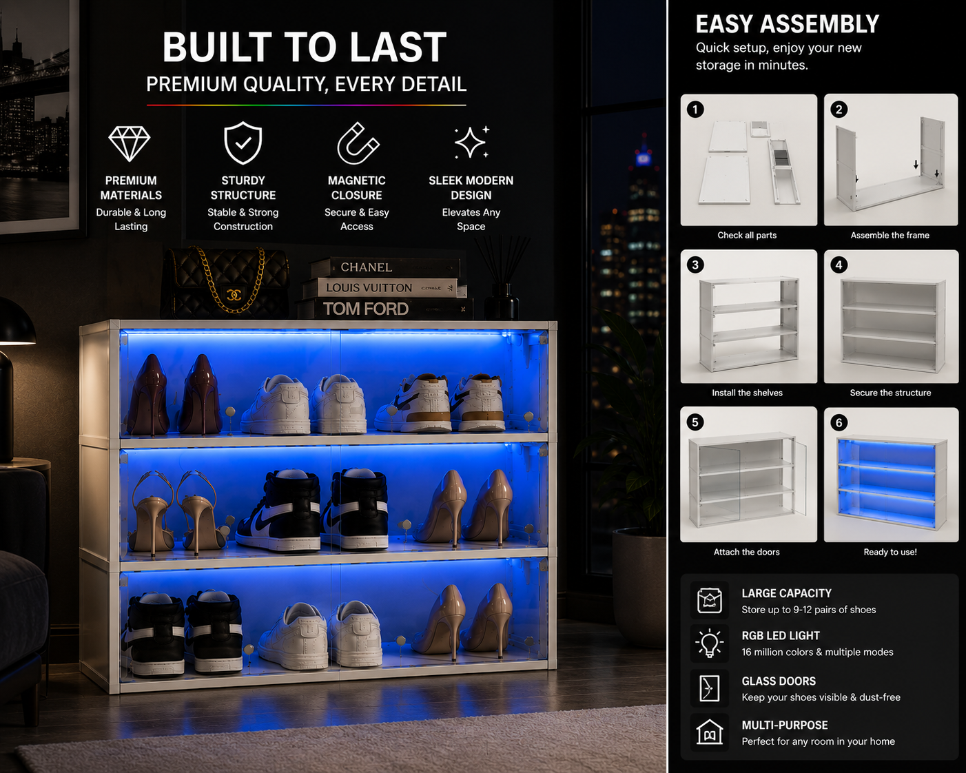 Luxury LED Shoe Storage Cabinet – Glass Door Sneaker Display Organizer | SAMBOVA