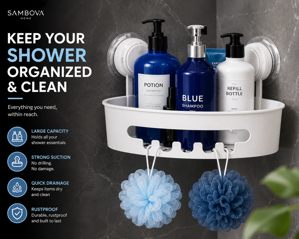 Corner Shower Caddy with Strong Suction Cups – No-Drill Bathroom Organizer | SAMBOVA