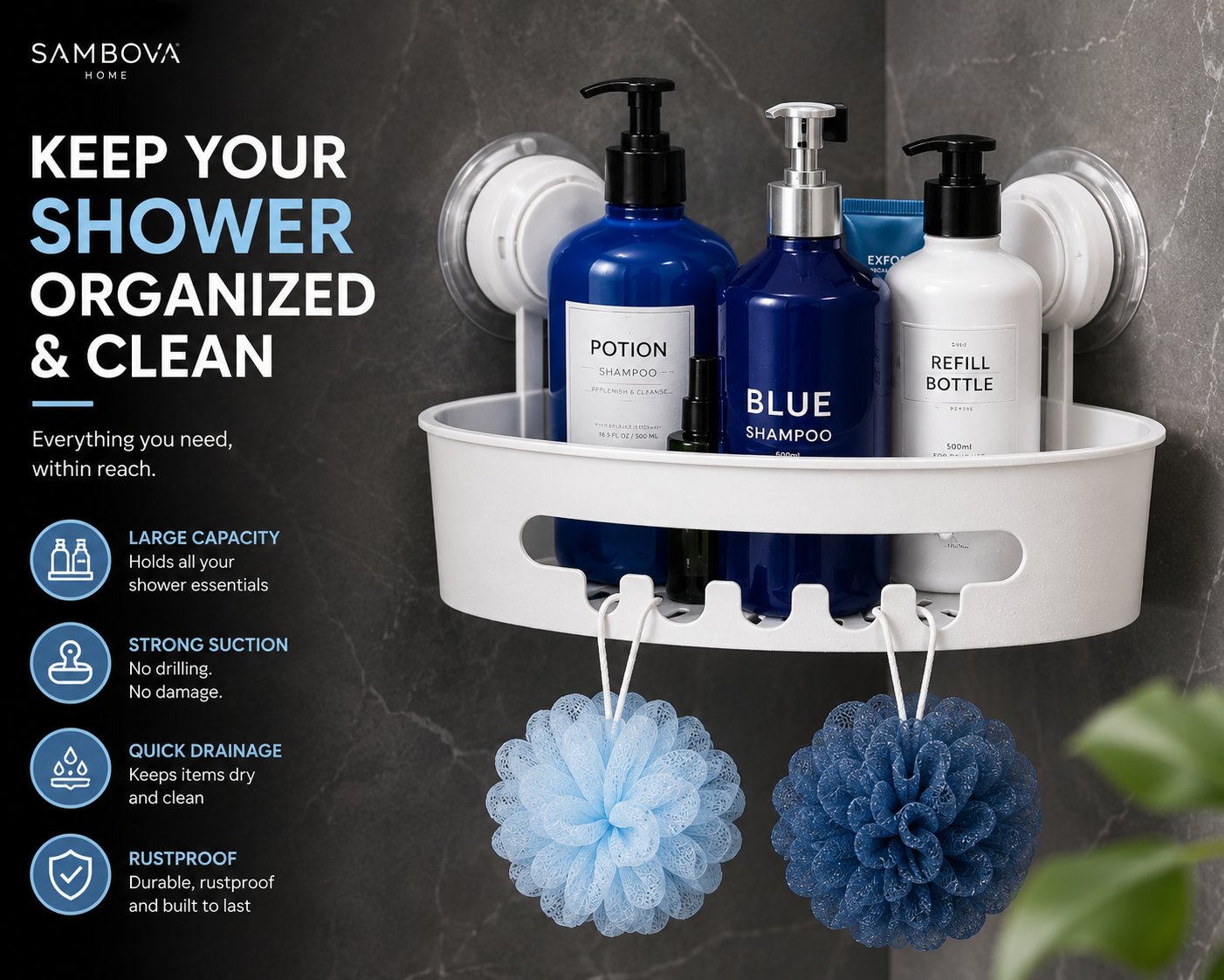 Corner Shower Caddy with Strong Suction Cups – No-Drill Bathroom Organizer | SAMBOVA