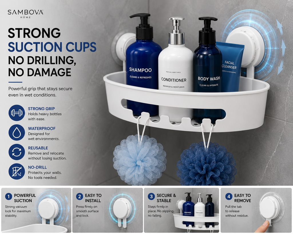Corner Shower Caddy with Strong Suction Cups – No-Drill Bathroom Organizer | SAMBOVA