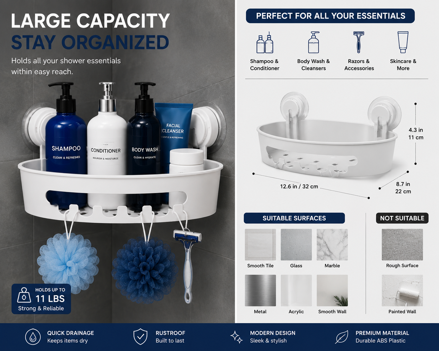 Corner Shower Caddy with Strong Suction Cups – No-Drill Bathroom Organizer | SAMBOVA