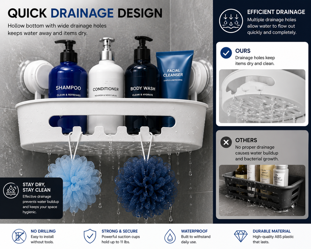 Corner Shower Caddy with Strong Suction Cups – No-Drill Bathroom Organizer | SAMBOVA