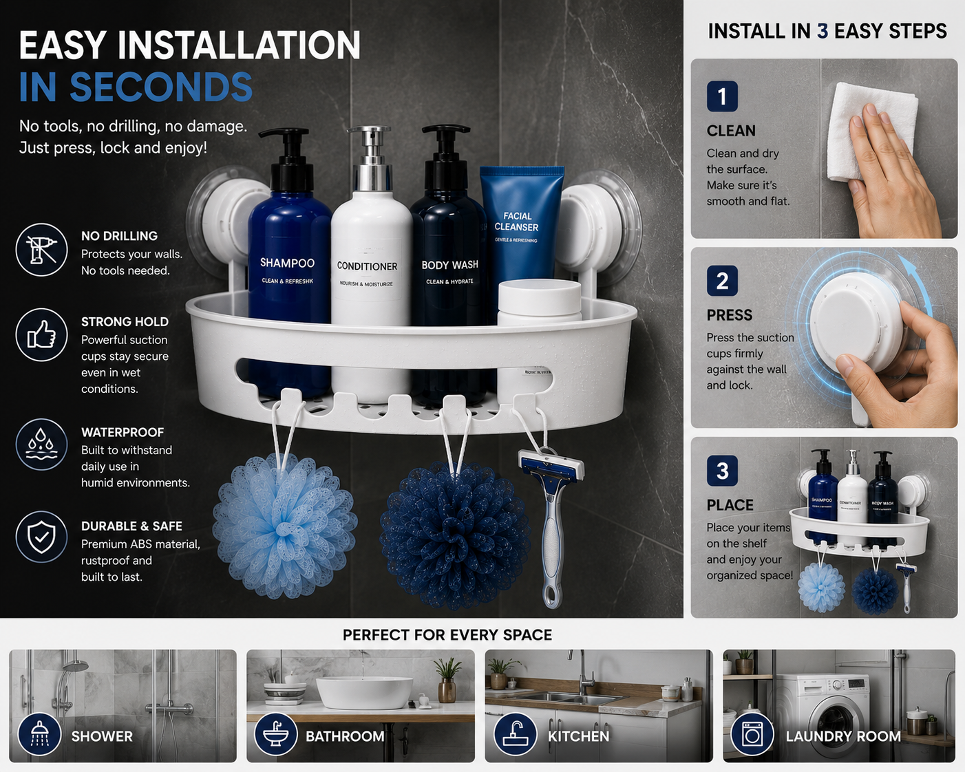 Corner Shower Caddy with Strong Suction Cups – No-Drill Bathroom Organizer | SAMBOVA