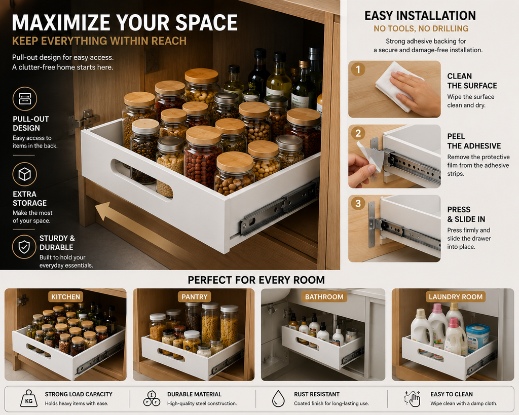 Pull-Out Cabinet Organizer Drawer – Sliding Kitchen & Pantry Storage | SAMBOVA