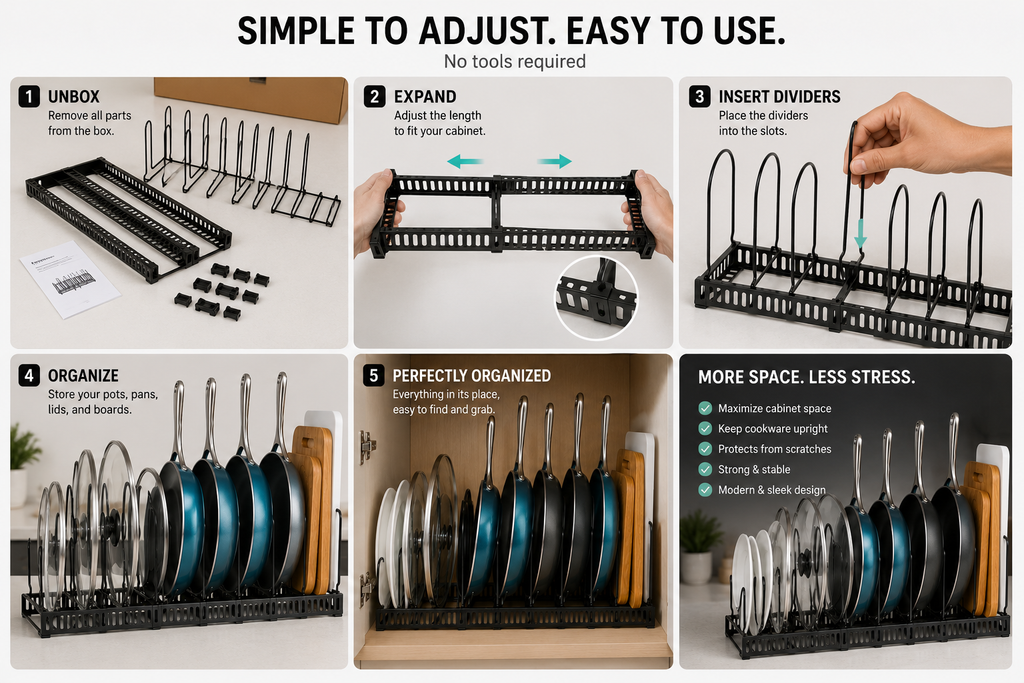 Expandable Pots & Pans Organizer Rack – Adjustable Kitchen Cabinet Storage | SAMBOVA