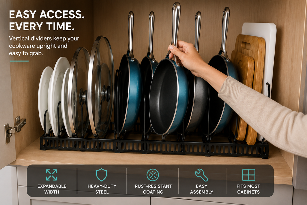 Expandable Pots & Pans Organizer Rack – Adjustable Kitchen Cabinet Storage | SAMBOVA