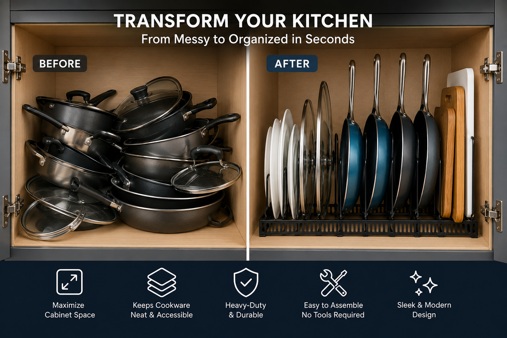 Expandable Pots & Pans Organizer Rack – Adjustable Kitchen Cabinet Storage | SAMBOVA