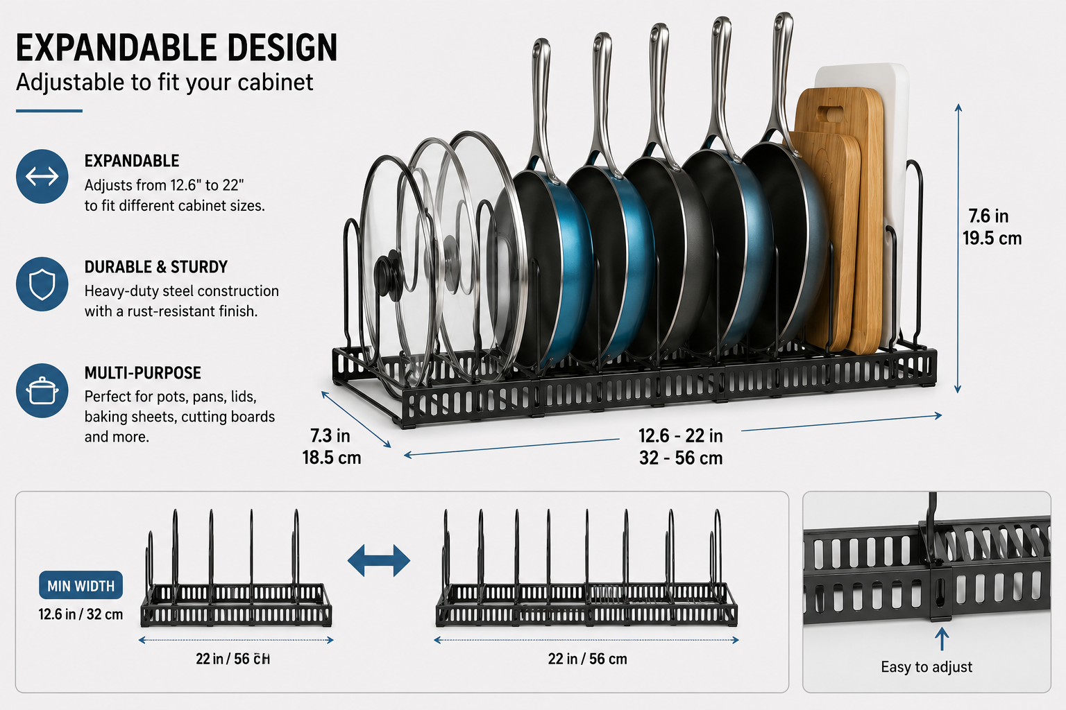 Expandable Pots & Pans Organizer Rack – Adjustable Kitchen Cabinet Storage | SAMBOVA