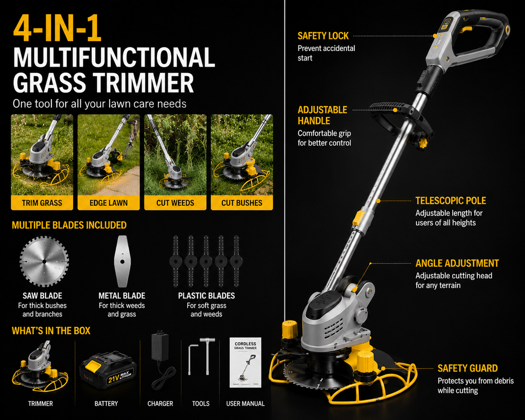 Cordless Electric Grass Trimmer Pro – Rechargeable 4-in-1 Lawn & Weed Cutter | SAMBOVA