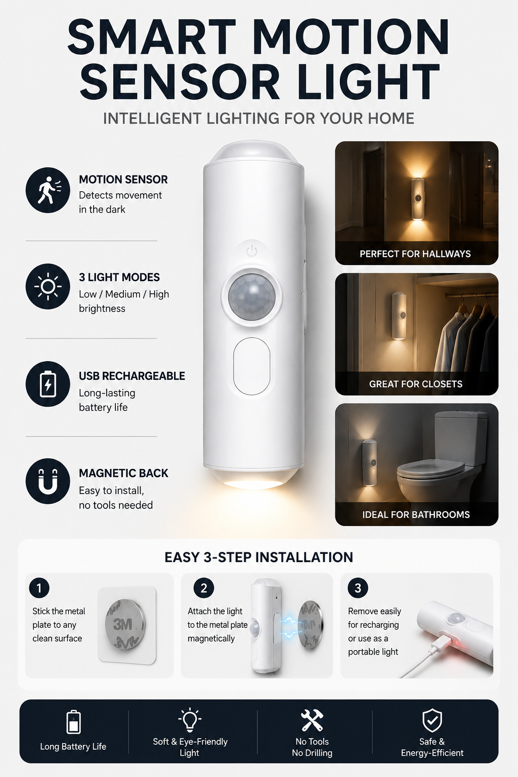 Rechargeable Motion Sensor LED Night Light – Magnetic Stick-On Wall Light | SAMBOVA