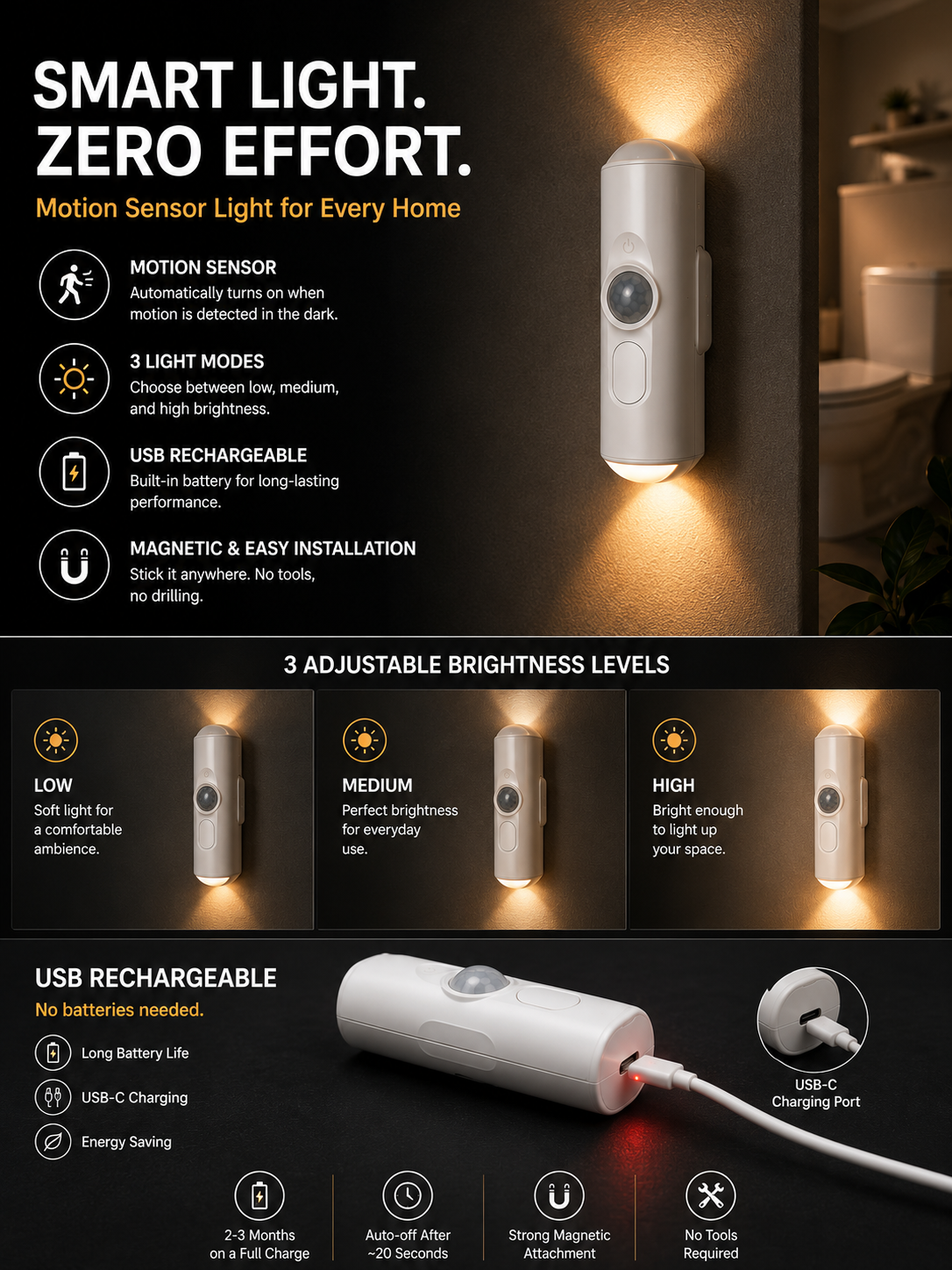 Rechargeable Motion Sensor LED Night Light – Magnetic Stick-On Wall Light | SAMBOVA